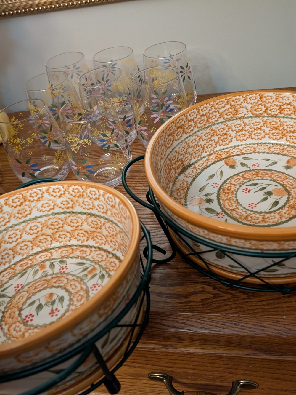 Orange Floral Ceramic Serving Bowls with Metal Stands